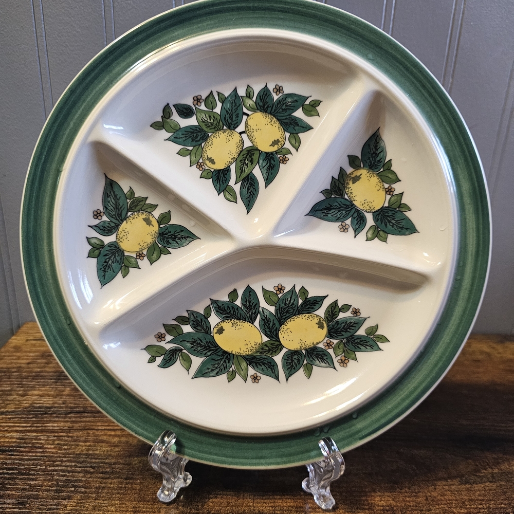 Green and White Divided Plate with Lemon Design